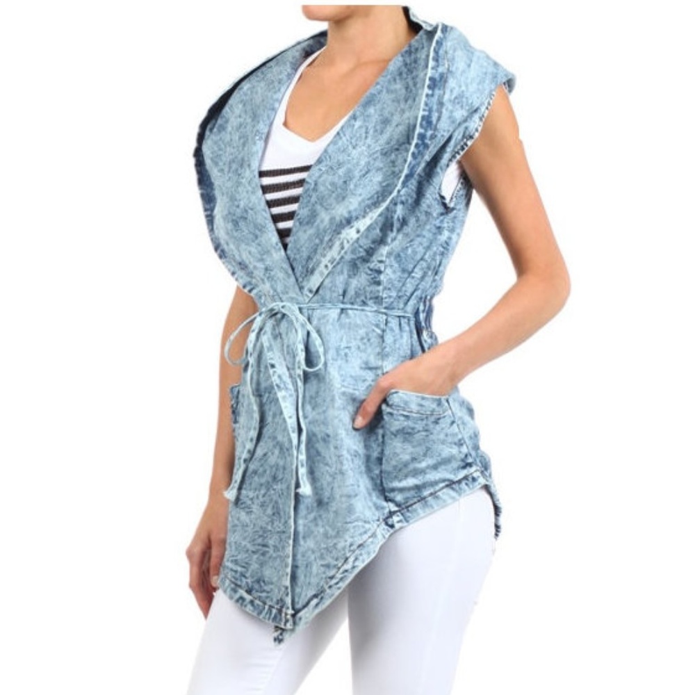Acid Wash Hoodie Denim Trench Jean Vest Jacket - Picture 3 of 7